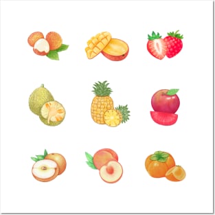 Taiwan Fruits Illustration Pack 台灣水果插畫 - Lychee, Mango, Strawberry, Bread Fruit, Pineapple, Plum, Pear, Peach and Persimmon Posters and Art